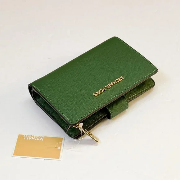 Michael Kors Jet Set Travel Medium Bifold Coin Zipper Wallet Fern Green - Picture 3 of 11